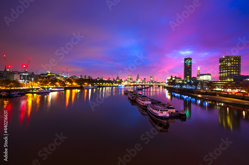 London skyline panorama of south bank of river Thames at sunrise. England