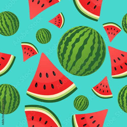 Watermelon seamless pattern. Vector illustration. Watermelons and watermelon slices isolated on fresh blue background.