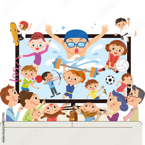 三世代家族でテレビでスポーツ鑑賞