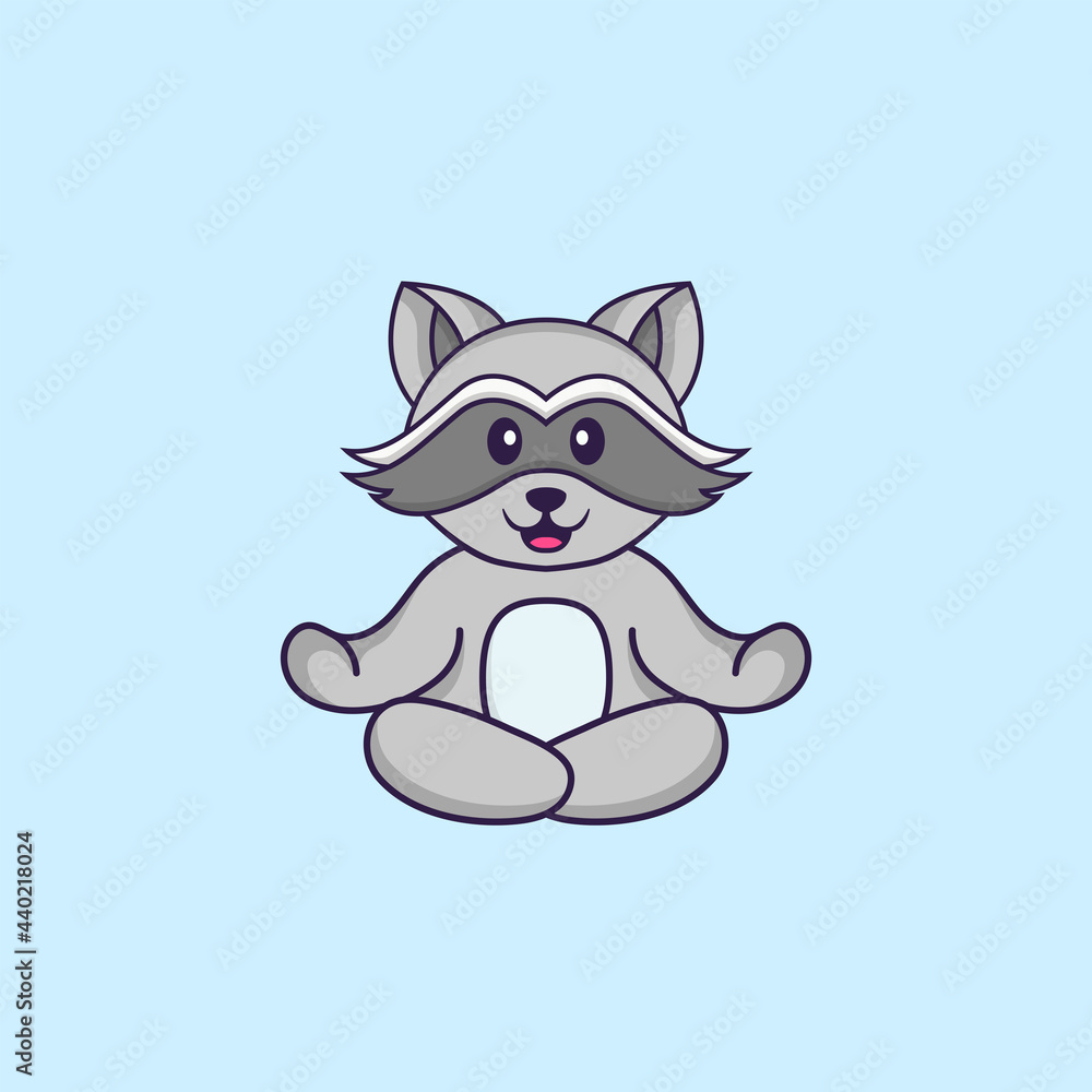 Cute racoon is meditating or doing yoga. Animal cartoon concept isolated. Can used for t-shirt, greeting card, invitation card or mascot. Flat Cartoon Style