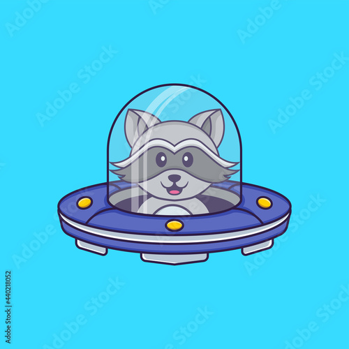 Cute racoon Driving Spaceship Ufo. Animal cartoon concept isolated. Can used for t-shirt, greeting card, invitation card or mascot. Flat Cartoon Style