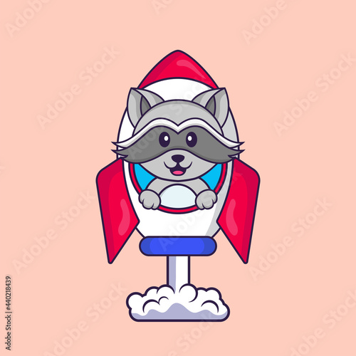 Cute racoon flying on rocket. Animal cartoon concept isolated. Can used for t-shirt, greeting card, invitation card or mascot. Flat Cartoon Style © Turn