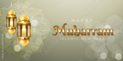 Happy muharram islamic new year celebration banner or header