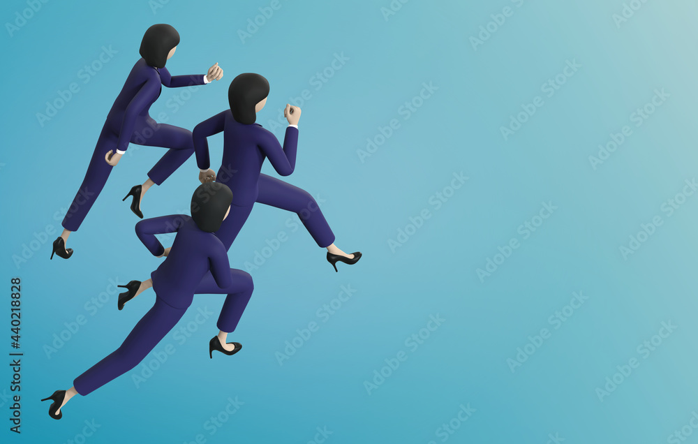 A 3D rendering business women running on isolated blue color background. 