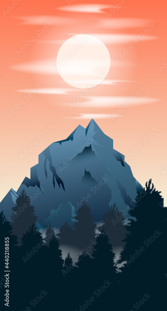 Vector dawn. Mountains, forest. Colorful illustration. Bright sun