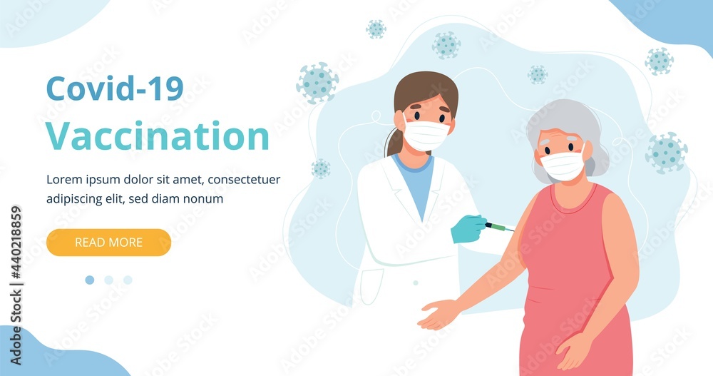 Vaccination for the elderly, senior woman and a doctor with a syringe. Banner webpage template vector illustration in flat cartoon style Vaccination for the elderly, senior woman and a doctor with a syringe. Banner webpage template vector illustration in flat cartoon style