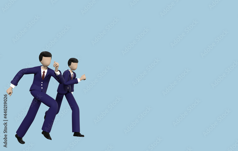 A 3D rendering businessman running on isolated blue color background. A 3D rendering businessman running on isolated blue color background.
