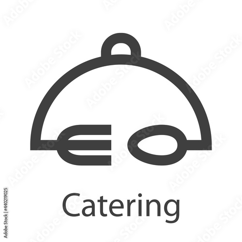 Logotipo con texto Catering con tapadera de bandeja de comida con tenedor y cuchara con lineas en color gris