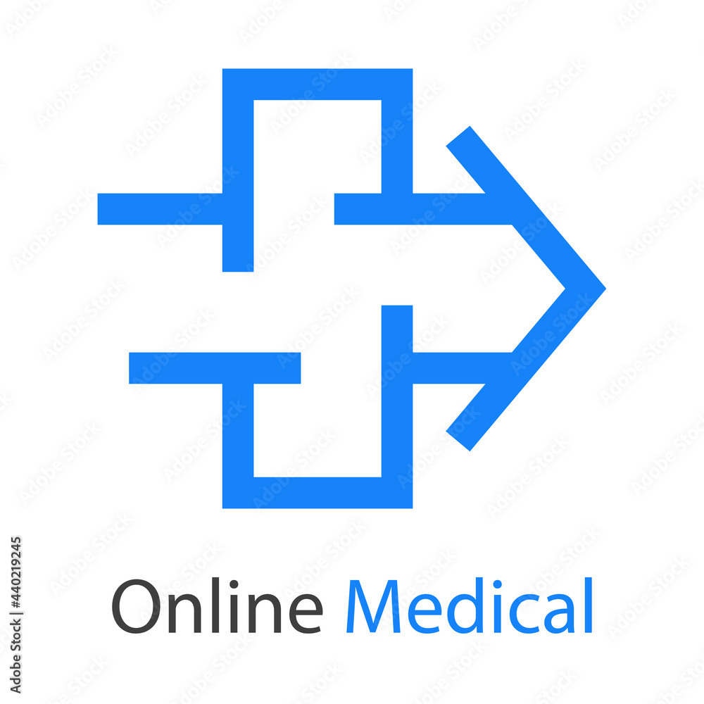 Logotipo con texto Online Medical con cruz con forma de flecha con lineas en color azul Logotipo con texto Online Medical con cruz con forma de flecha con lineas en color azul