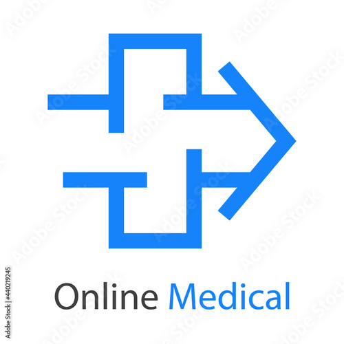 Logotipo con texto Online Medical con cruz con forma de flecha con lineas en color azul 