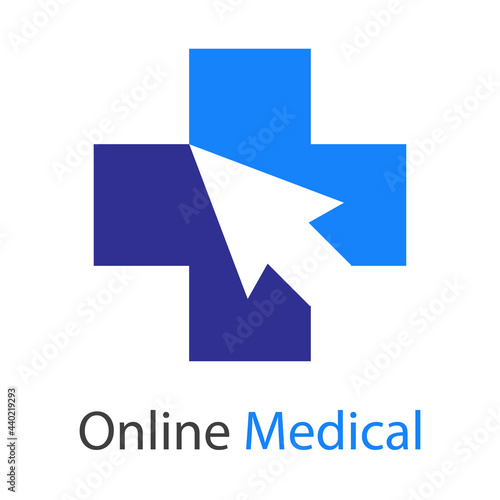 Logotipo con texto Online Medical con cruz y flecha de mouse en color azul