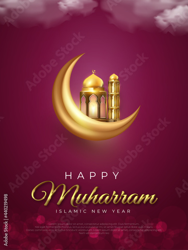  illustration Happy muharram. islamic new year vertical banner.