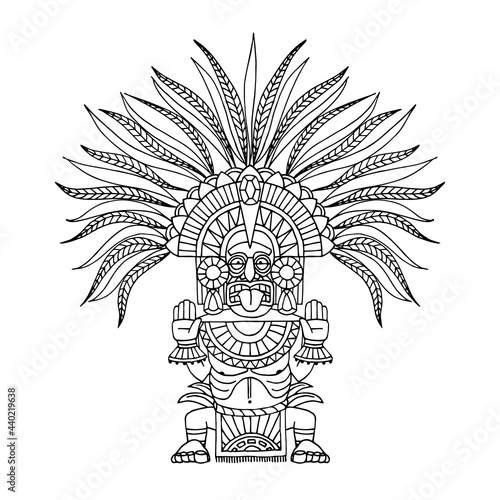 indian decorative totem, aztec god in feathered crown, shaman in mask, vector illustration with black ink contour lines isolated on a white background in a hand drawn and cartoon style