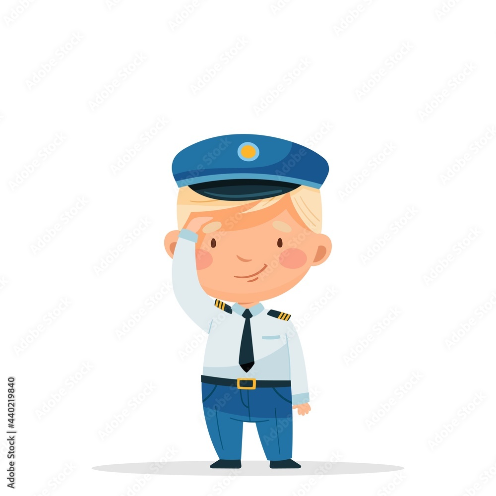 A young pilot in light blue uniform. Isolated on a white background. Vector illustration