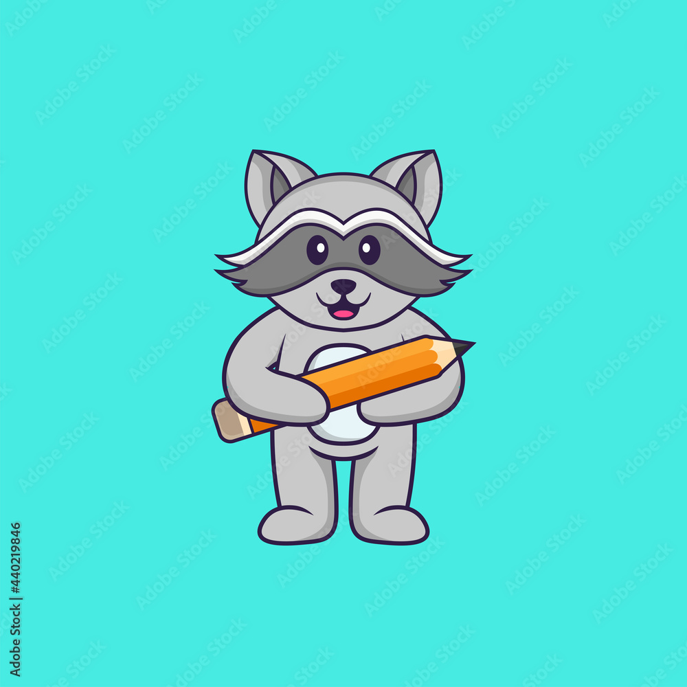 Cute racoon holding a pencil. Animal cartoon concept isolated. Can used for t-shirt, greeting card, invitation card or mascot. Flat Cartoon Style