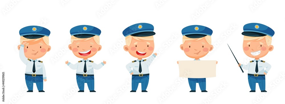  A set of airman characters in different poses. Pilot. Different movements. Isolated on white. Vector illustration