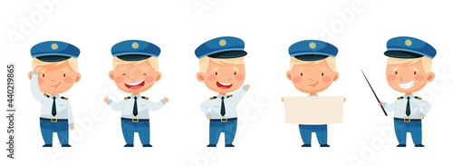  A set of airman characters in different poses. Pilot. Different movements. Isolated on white. Vector illustration