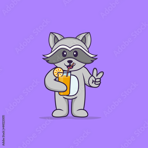 Cute racoon holding orange juice in glass. Animal cartoon concept isolated. Can used for t-shirt, greeting card, invitation card or mascot. Flat Cartoon Style