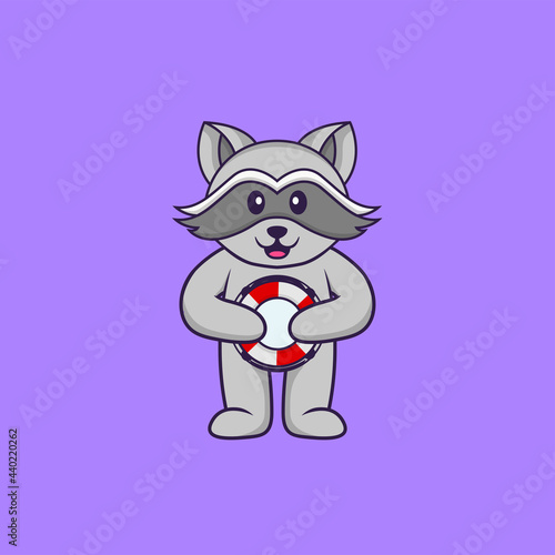 Cute racoon holding a buoy. Animal cartoon concept isolated. Can used for t-shirt, greeting card, invitation card or mascot. Flat Cartoon Style