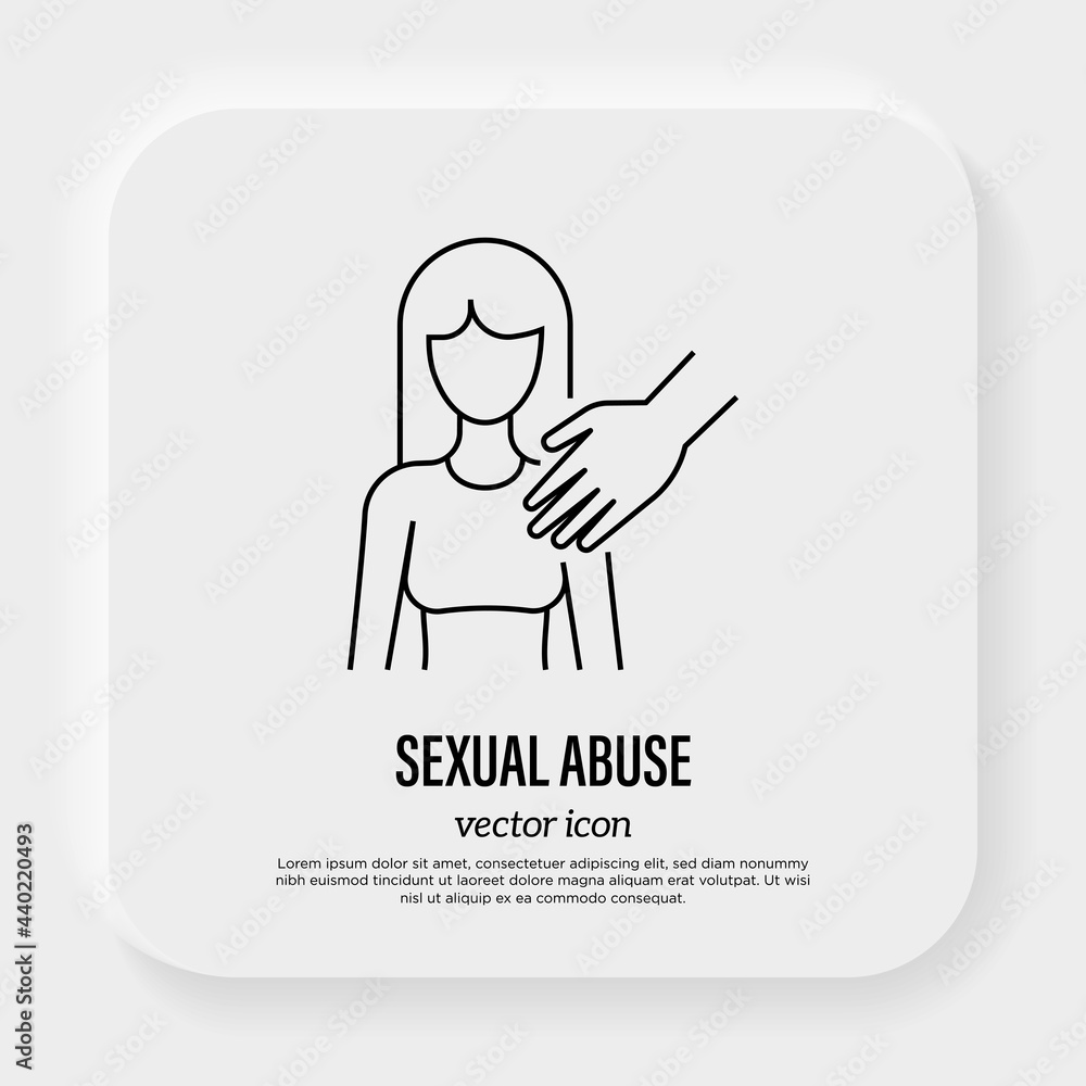 Sexual abuse thin line icon. Hans touches the female breast. Victim of sexual violence. Vector illustration. Sexual abuse thin line icon. Hans touches the female breast. Victim of sexual violence. Vector illustration.