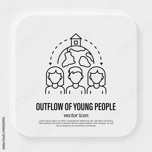 Outflow of population of young people. Workforce migration. Thin line icon of social problem. People moving around the globe. Vector illustration.