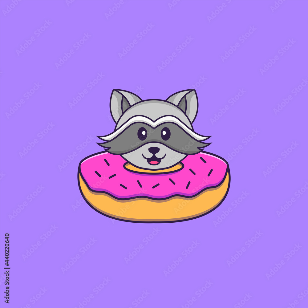 Cute racoon with a donut on his neck. Animal cartoon concept isolated. Can used for t-shirt, greeting card, invitation card or mascot. Flat Cartoon Style Cute racoon with a donut on his neck. Animal cartoon concept isolated. Can used for t-shirt, greeting card, invitation card or mascot. Flat Cartoon Style
