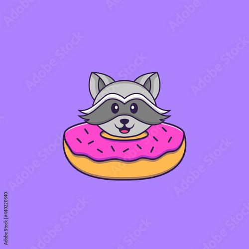 Cute racoon with a donut on his neck. Animal cartoon concept isolated. Can used for t-shirt, greeting card, invitation card or mascot. Flat Cartoon Style