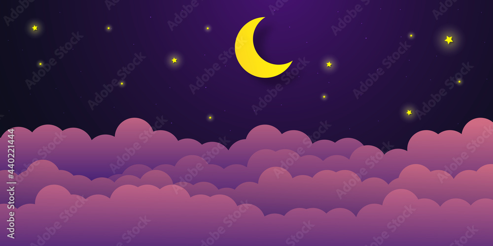 night sky with stars and moon. paper art style. Dreamy background with moon stars and clouds, abstract fantasy background. Half moon, stars and clouds on the dark night sky background. night sky with stars and moon. paper art style. Dreamy background with moon stars and clouds, abstract fantasy background. Half moon, stars and clouds on the dark night sky background.