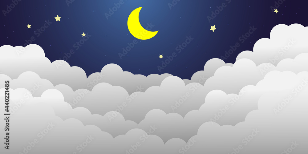 night sky with stars and moon. paper art style. Dreamy background with moon stars and clouds, abstract fantasy background. Half moon, stars and clouds on the dark night sky background. night sky with stars and moon. paper art style. Dreamy background with moon stars and clouds, abstract fantasy background. Half moon, stars and clouds on the dark night sky background.