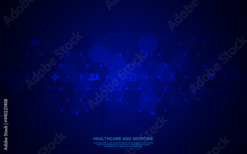 Vector illustration of healthcare and technology concept with flat icons and symbols. Template design for health care business, innovation medicine, pharmaceutical industry, science, medical research.