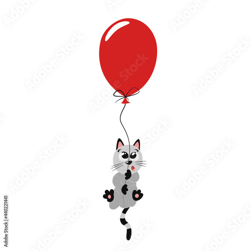 Cute funny gray kitten flying on a red balloon. Beautiful bright flat illustration for nursery decor. Cool print for kids. Poster design for children's room and playroom in kindergarten. Birthday gift
