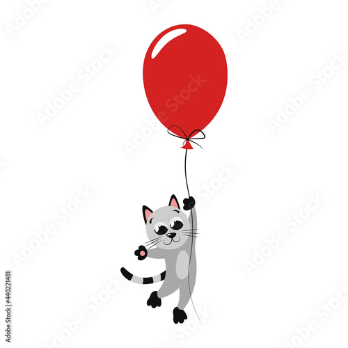 Cute happy little cat flying on a red balloon. Beautiful bright flat illustration for nursery decor. Poster design for a children's room and a playroom in a kindergarten. Birthday present. Cool print