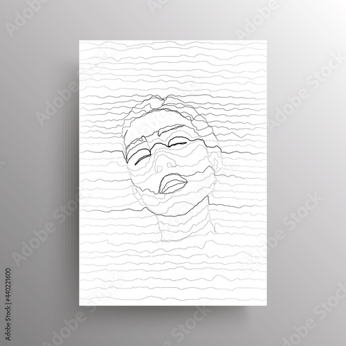 Portrait of an abstract female face with closed eyes in wavy horizontal lines style isolated on white background. Design for wall decoration, poster. Vector