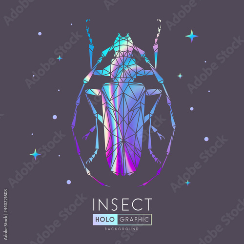 Abstract polygonal triangle longhorn beetle. Holographic Bug sign. Entomological vector illustration
