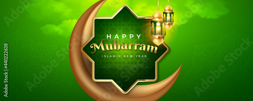 Islamic new year happy muharram celebration banner with islamic golden lantern and moon