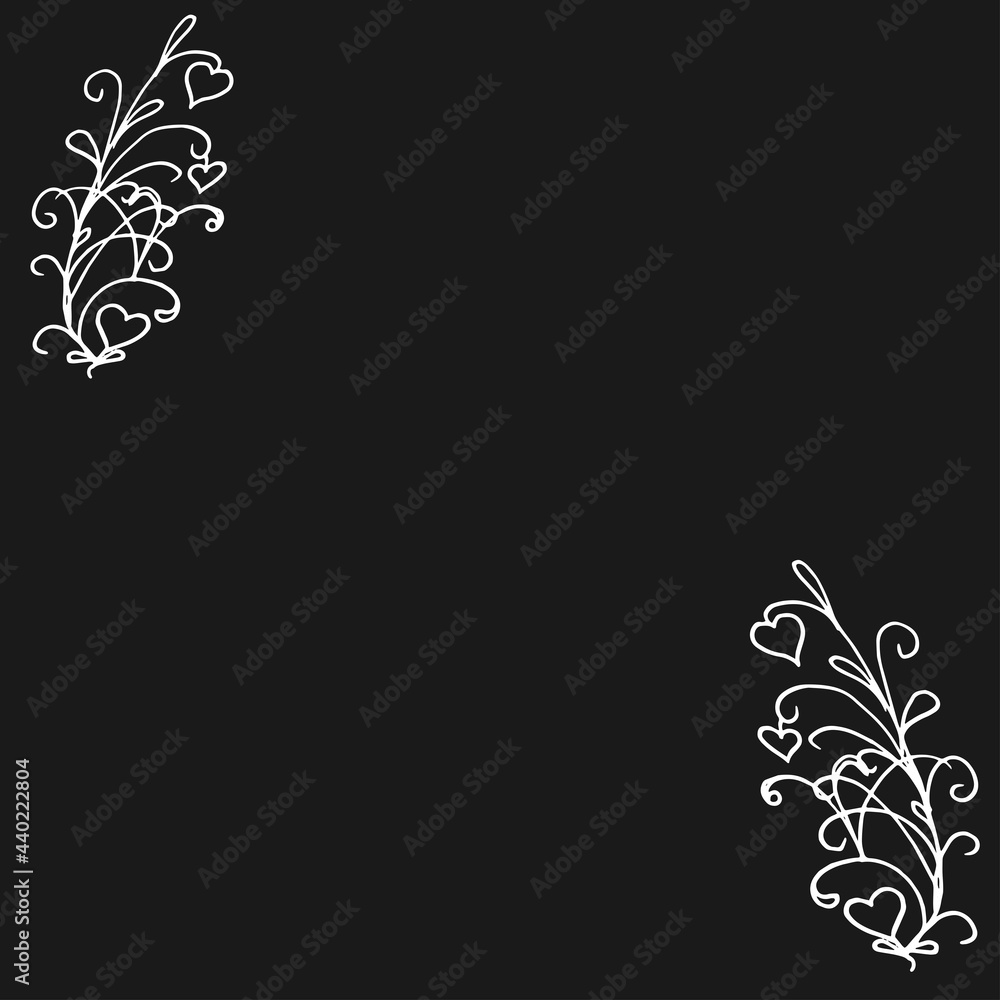 beautiful abstract decorative pattern isolated on black background. hand drawn vector. cute swirl with heart illustration with white outline. doodle art for wallpaper, greeting, poster, banner, card.