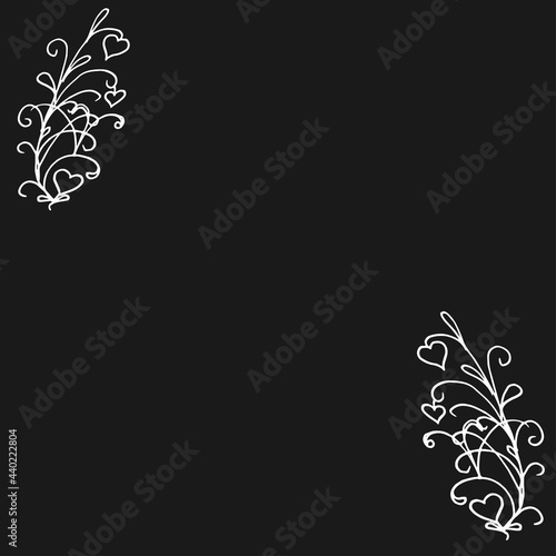 beautiful abstract decorative pattern isolated on black background. hand drawn vector. cute swirl with heart illustration with white outline. doodle art for wallpaper, greeting, poster, banner, card.