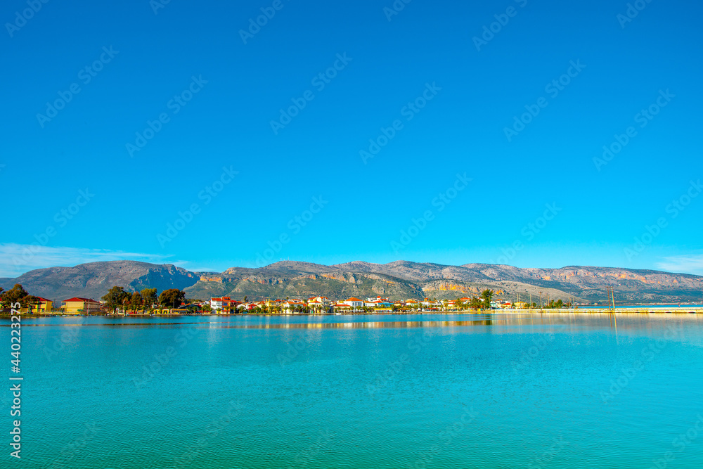 Greece, Beautifull sea lake view with green waters Aitoliko in Central Greece