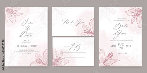 Modern wedding invitation template, with watercolor stains, pink lilies, and handmade calligraphy