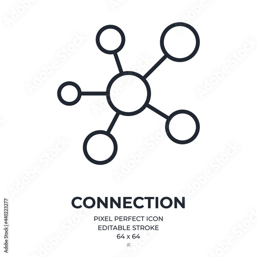 Connection concept. Molecule editable stroke outline icon isolated on white background flat vector illustration. Pixel perfect. 64 x 64.