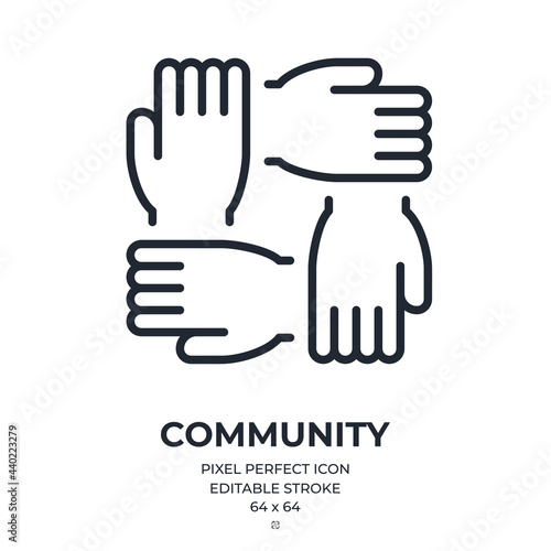 Community and teamwork concept. Circular handshake editable stroke outline icon isolated on white background flat vector illustration. Pixel perfect. 64 x 64.