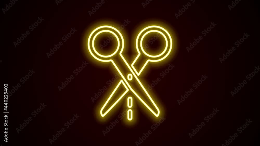 Glowing neon line Scissors with cut line icon isolated on black background. Tailor symbol. Cutting tool sign. 4K Video motion graphic animation Glowing neon line Scissors with cut line icon isolated on black background. Tailor symbol. Cutting tool sign. 4K Video motion graphic animation
