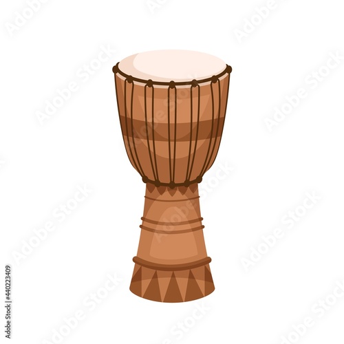 African djembe from wood, skin and rope. Traditional folk goblet drum jembe. Ethnic percussion music instrument from Africa. Colored flat vector illustration isolated on white background
