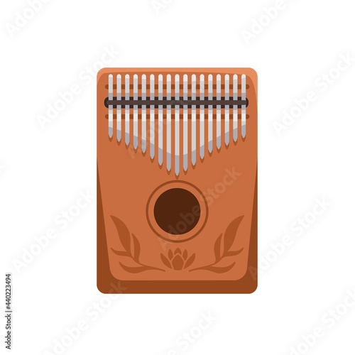 Kalimba, traditional music instrument from Africa. African folk wooden mbira with metal tines and hole. Colored flat vector illustration of ethnic calimba isolated on white background
