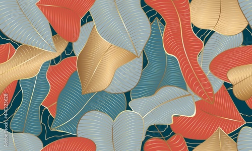Tropical Leaves Seamless Background Vector. Colorful Leaves Wallpaper Design. Abstract Jungle Texture, Monstera Leaf, Exotic Botanical Pattern for Textile, Print, Cover, Fabric, Sufrace.