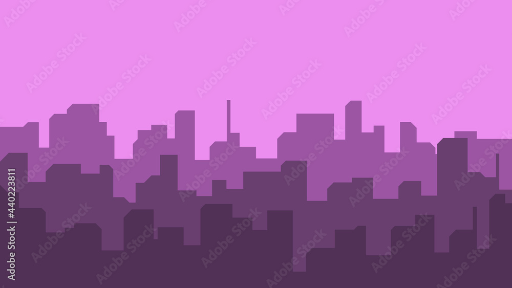 Purple city building silhouette vector illustration. City building silhouette in three layers. Simple city building silhouette. Urban city building.