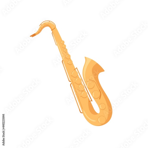 Gold brass saxophone. Sax, woodwind jazz music instrument. Colored flat vector illustration isolated on white background