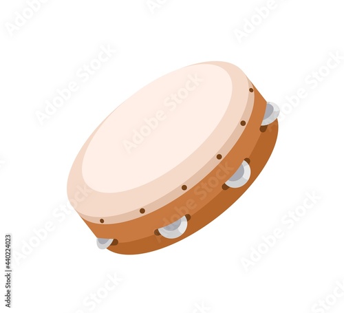Wooden tambourine with metal jingles. Folk percussion music instrument with zills. Colored flat vector illustration of ethnic wood buben isolated on white background