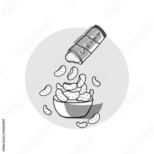 chips tube with bowl icon. spilled potato chips into bowl illustration. pile of chips. hand drawn vector, retro style. doodle art for logo, label, cover, poster, banner, branding, product, advertising