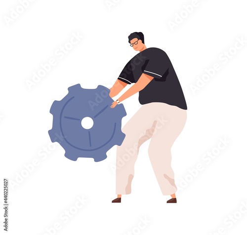 Person with big cogwheel in hands as symbol of technical works. Man holding metal gear. Concept of configuration settings and maintenance. Colored flat vector illustration isolated on white background